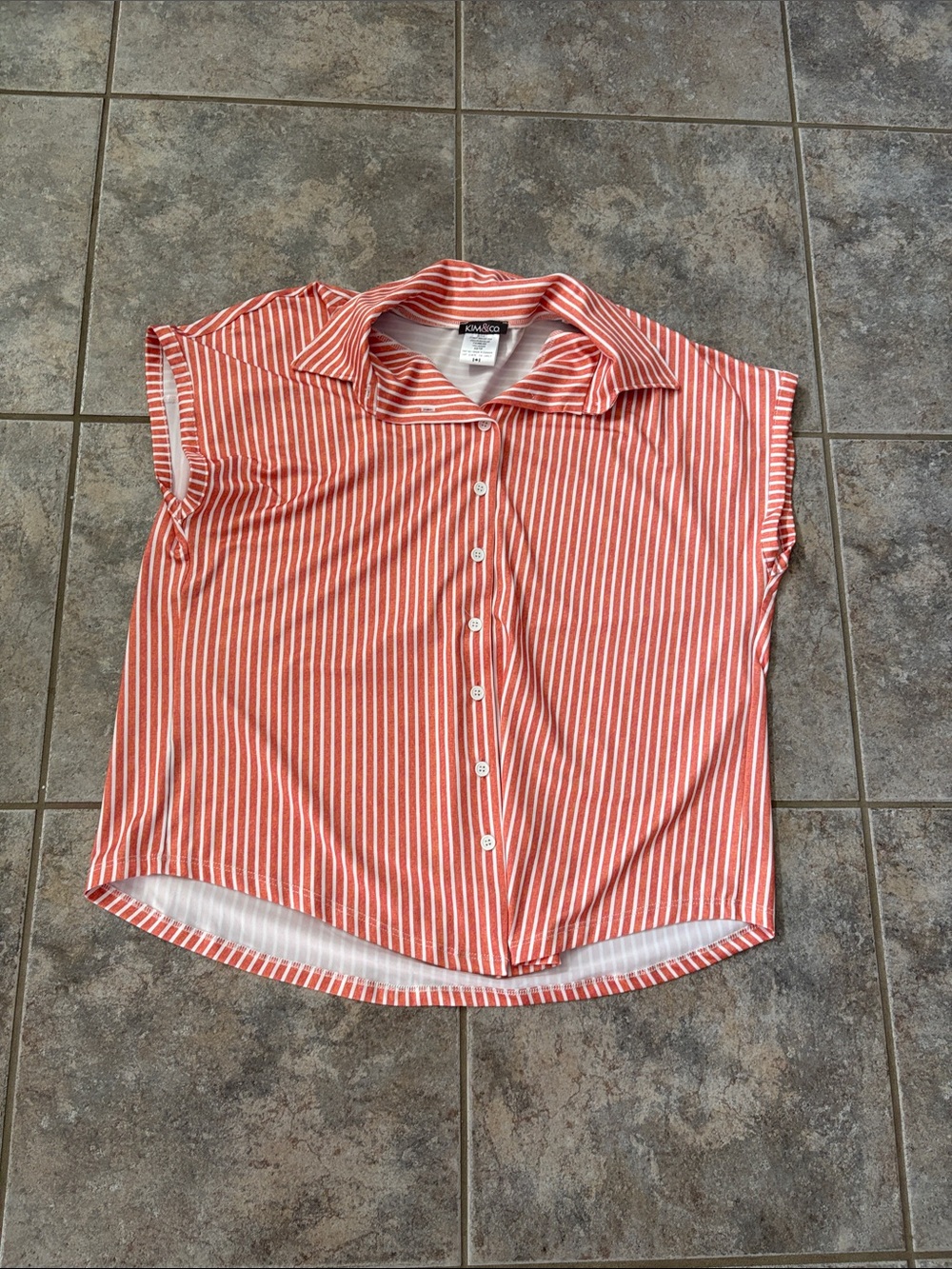 Kim Rogers Coral and White Striped Button-Down Cap Sleeve Shirt